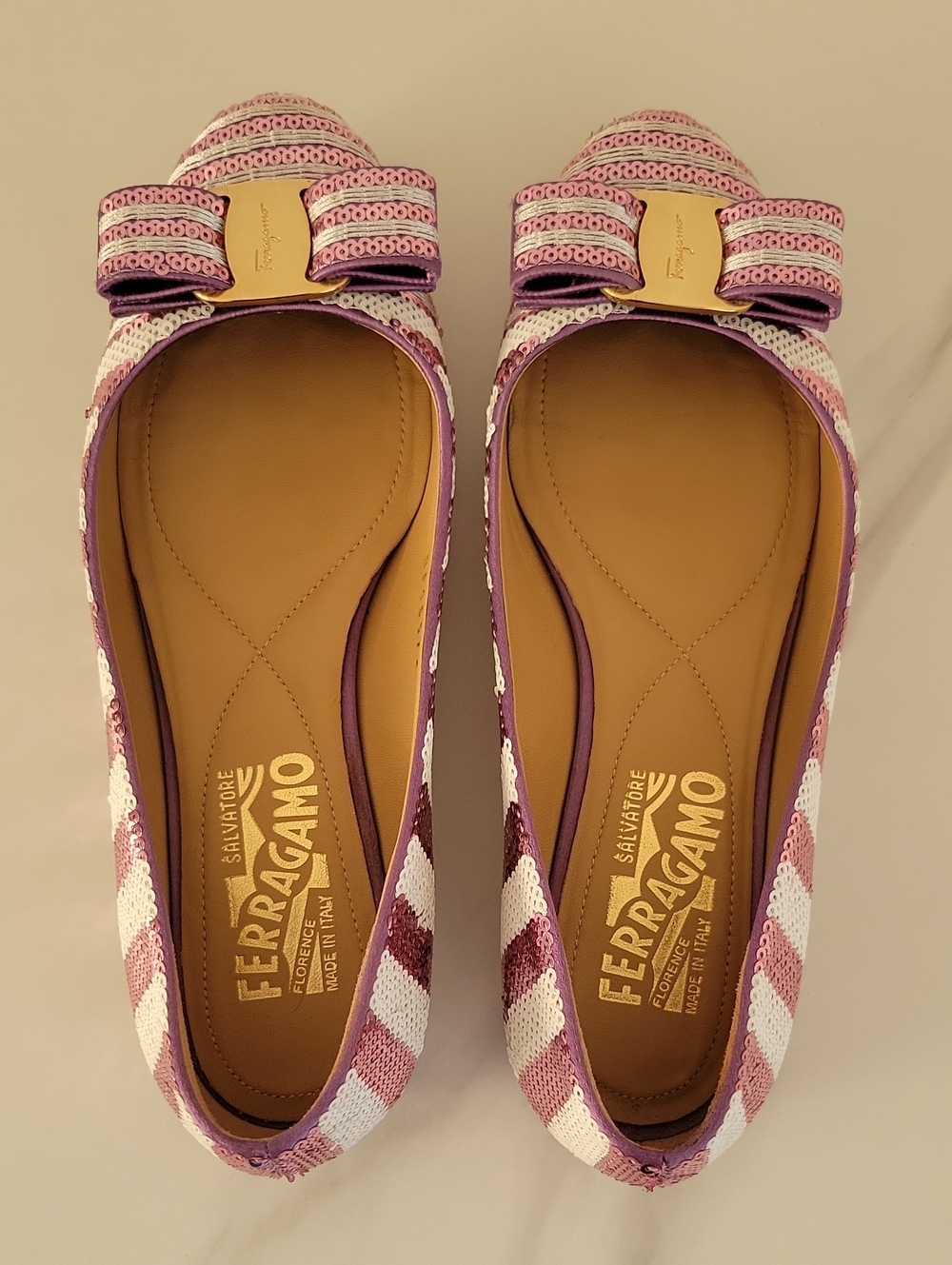 Salvatore Ferragamo Pink & White Sequined Bow Ballet Flats - Picture 6 of 16